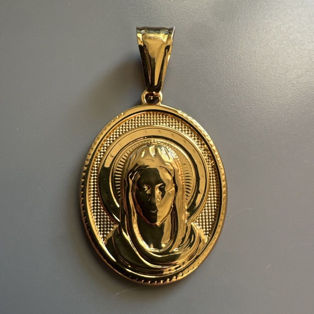 Gold Plated Virgin Mary Stainless Steel Pendant Jesus Christ 24 Inch Necklace